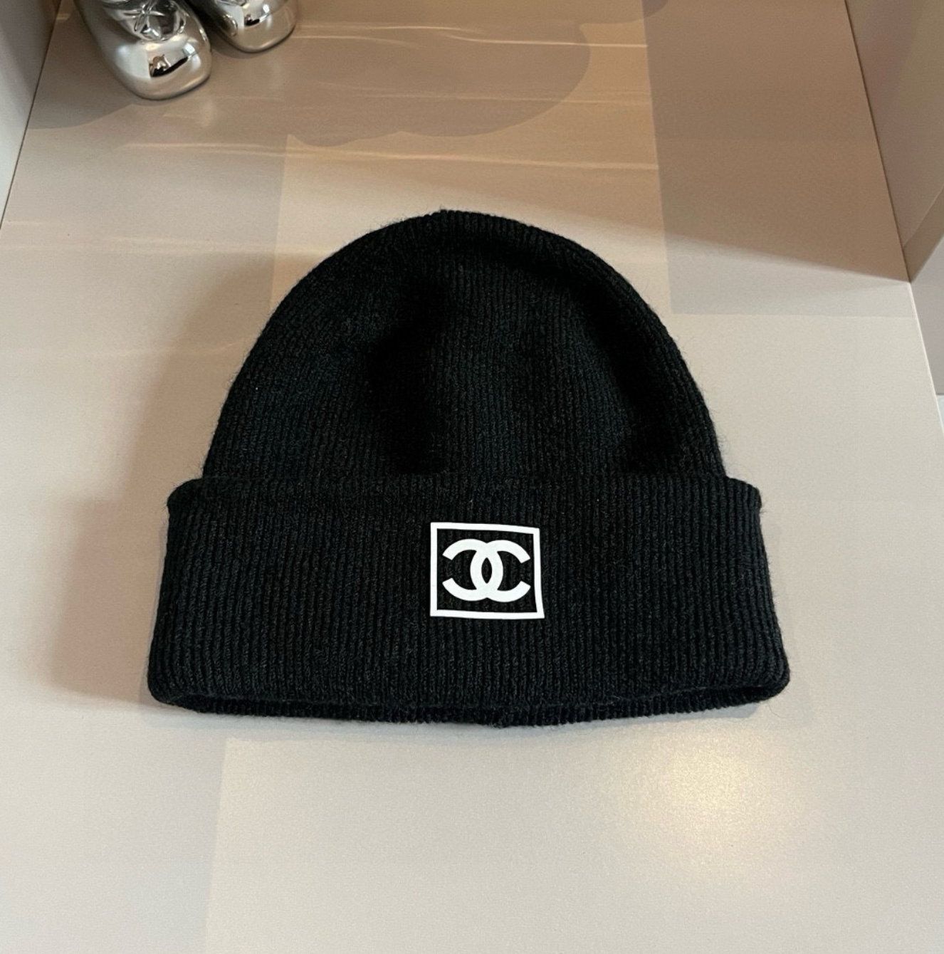 Luxury Pitch Black CC Print Fashion Beanie