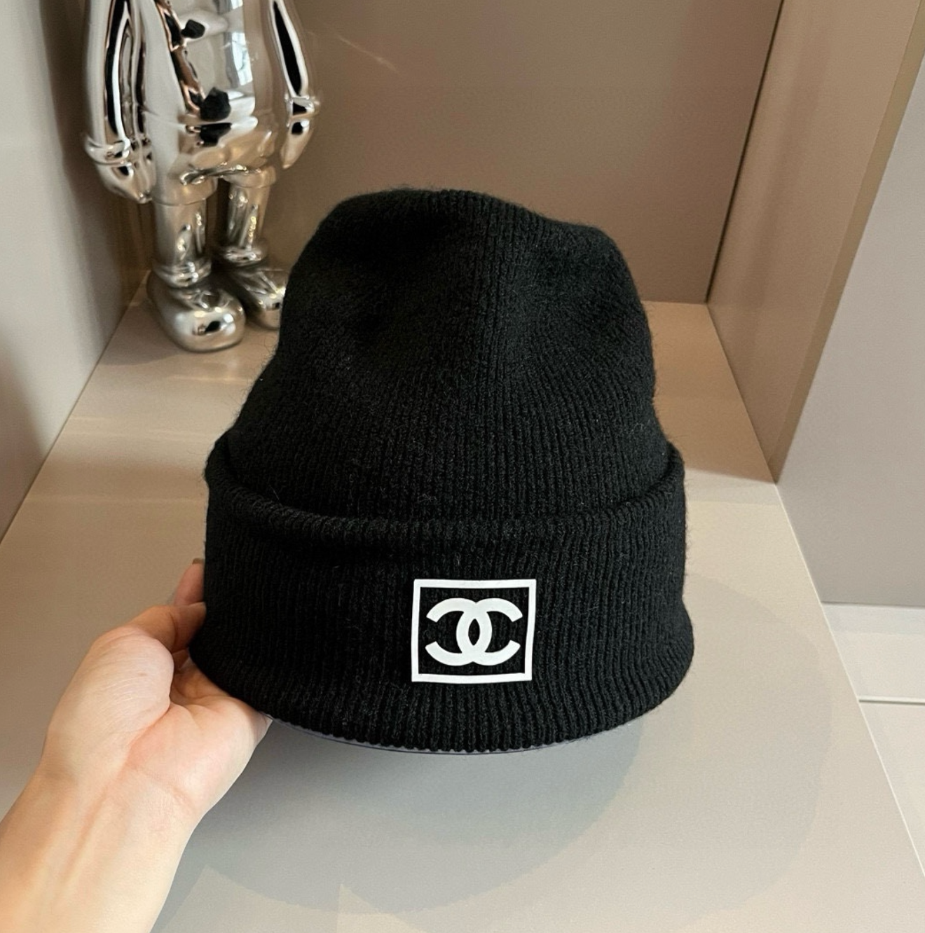 Luxury Pitch Black CC Print Fashion Beanie