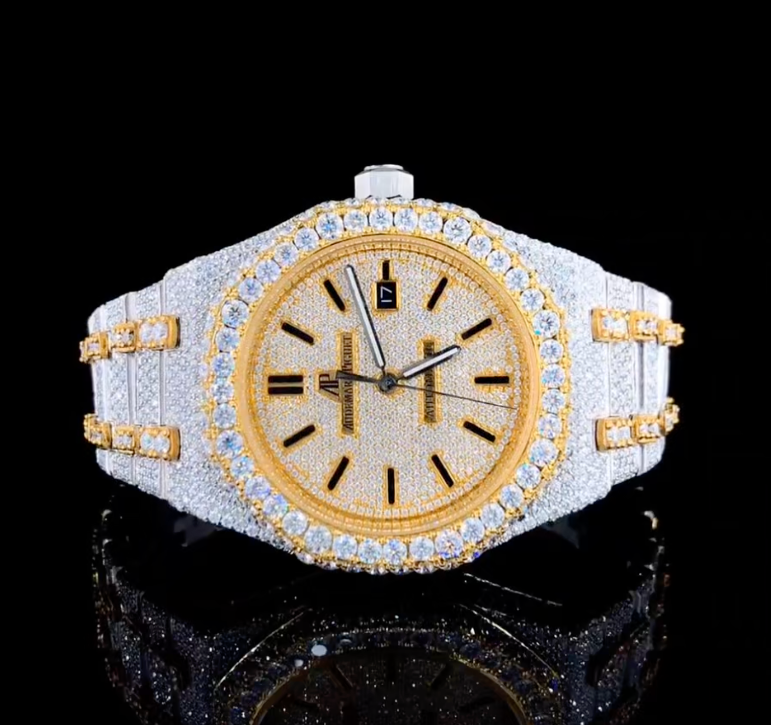 Vincenzo Onyx™️ VVS Moissanite Diamond Bright Gold Trim Luxury Watch