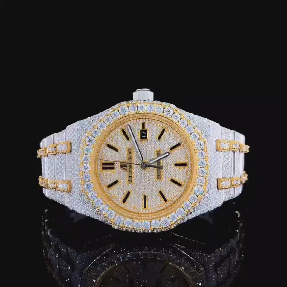 Vincenzo Onyx™️ VVS Moissanite Diamond Bright Gold Trim Luxury Watch